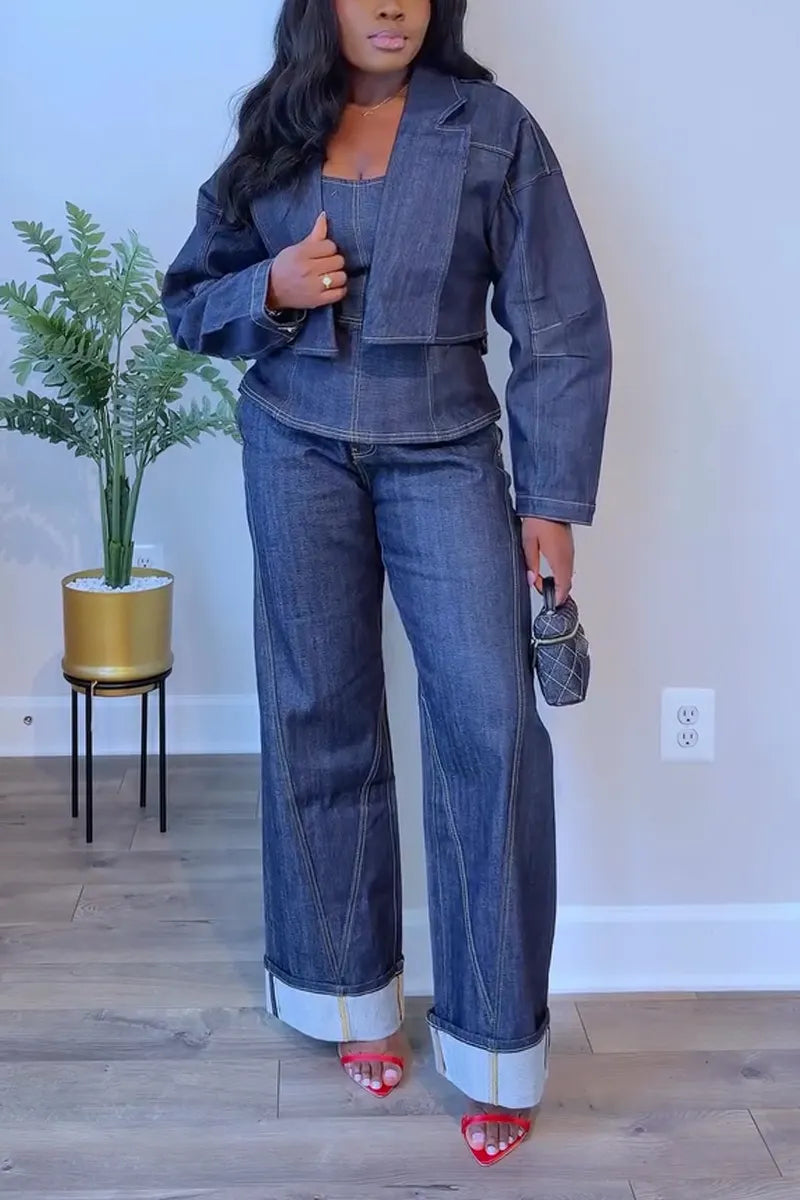 Women's Temperament Casual Strapless Denim Patchwork Top or Wide Leg Jeans or Lapel Denim Jacket