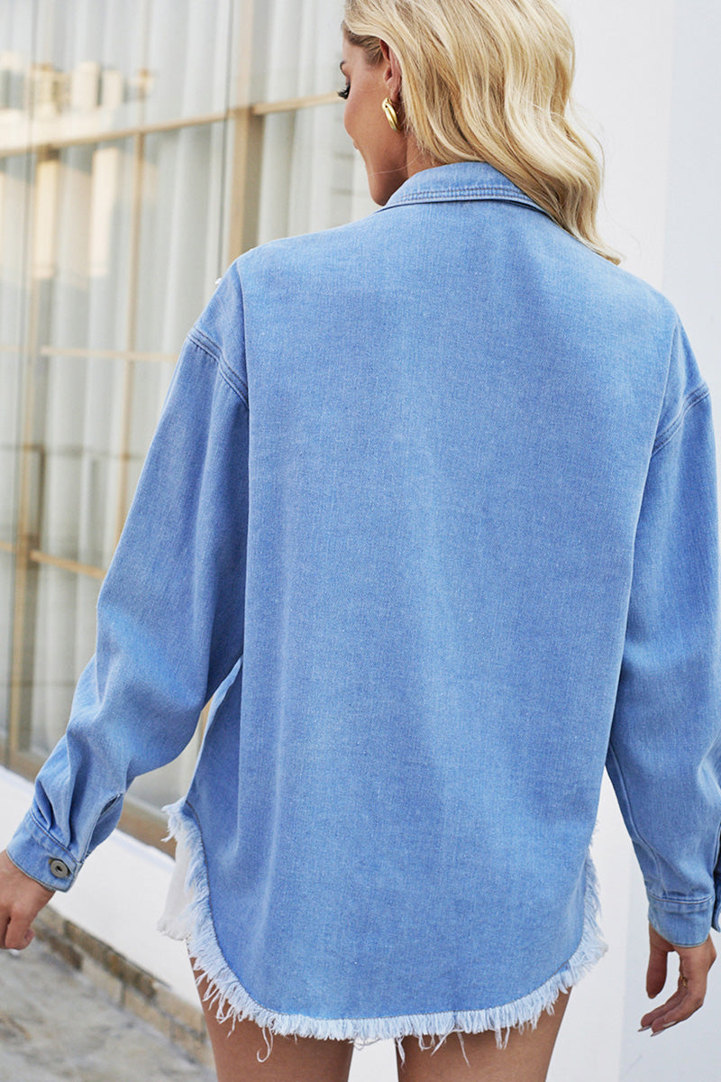 Casual Loose Fit Beaded Raw Hem Denim Top