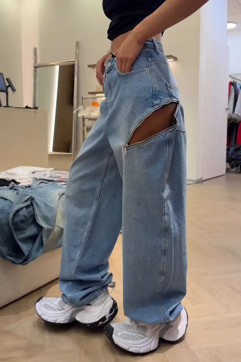Women's Washed Water Zipper Splicing Casual Wide Leg Jeans