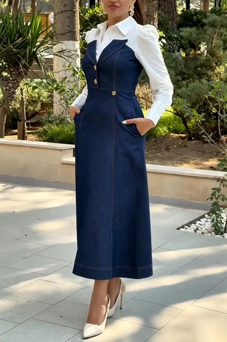 Women's Collar Patchwork Denim Elegant Temperament Dress