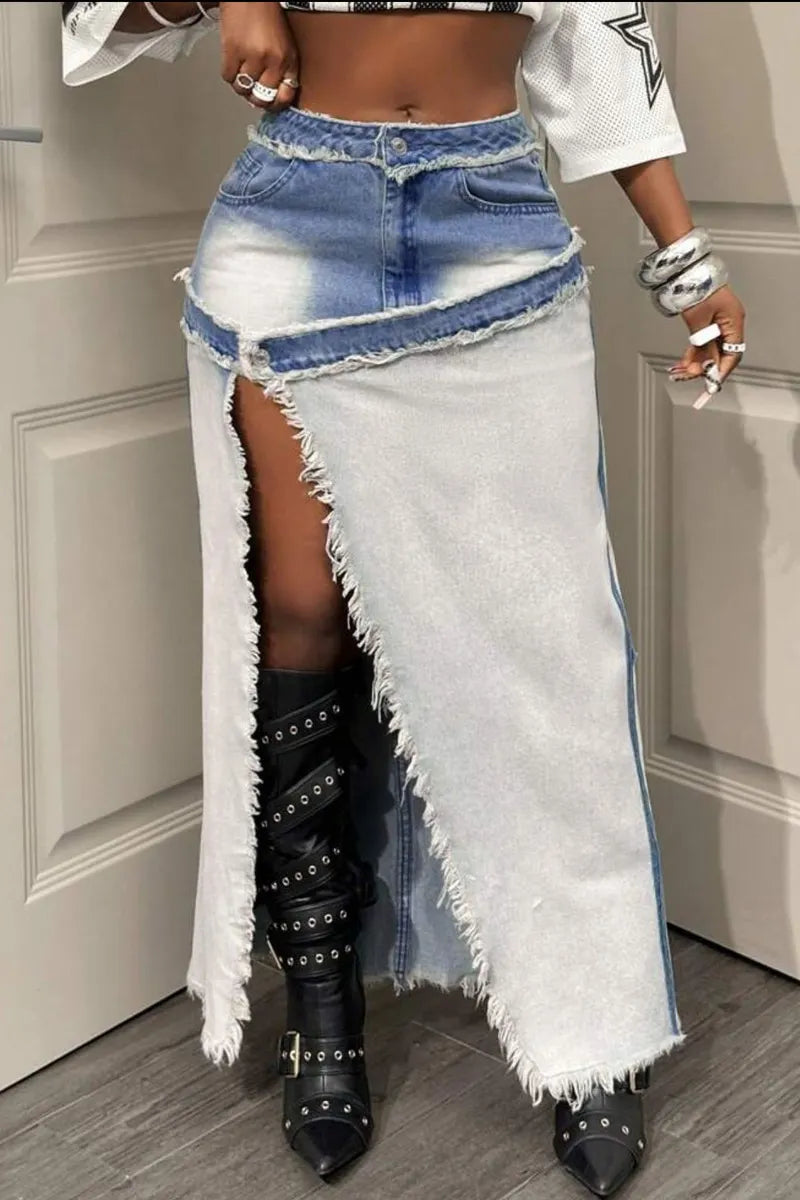 Women Vintage Bleach Wash Patch Frayed High Slit Streetwear Denim Maxi Skirt