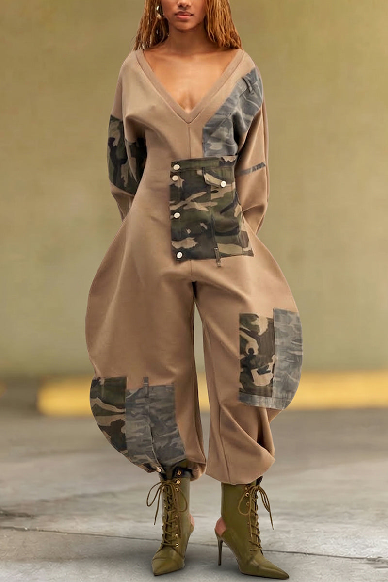 Women's Fashion V-Neck Curved Hem Camo Patchwork Jumpsuit