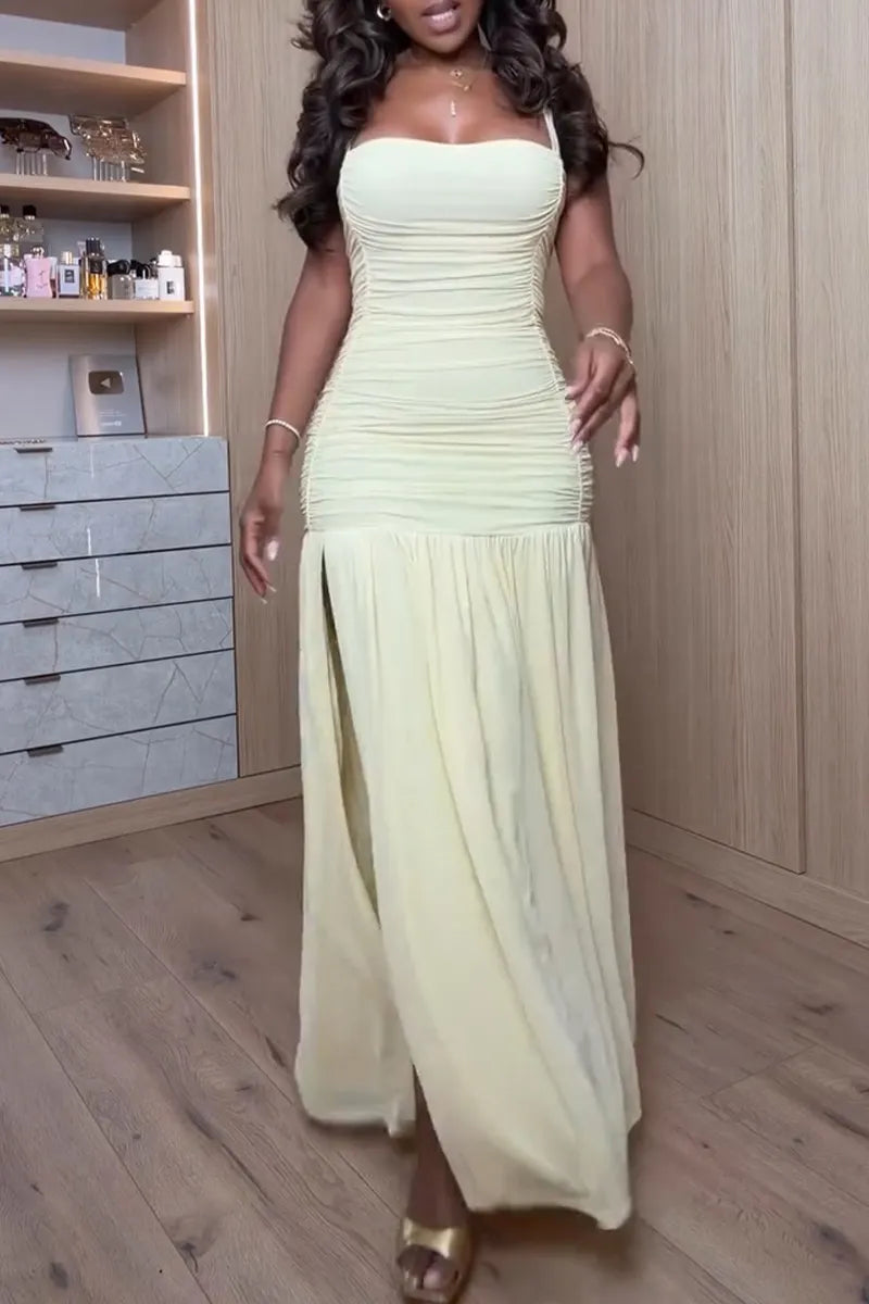Women's Elegant Pleated Slit Hem Maxi Dress
