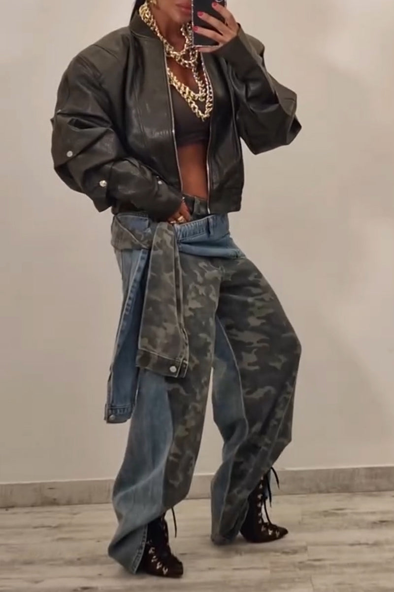 Women's Street Style Camo Layered Decoration Wide Leg Jeans