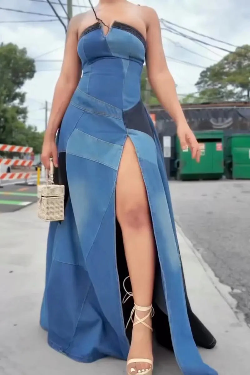 Women Strapless Patchwork Slit Elegant Temperament Denim Dress