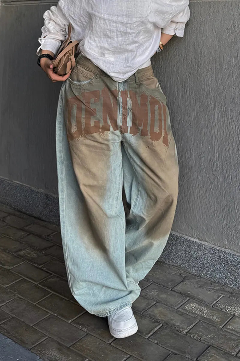 Women's Casual Distressed Wash Letter Print Wide Leg Jeans