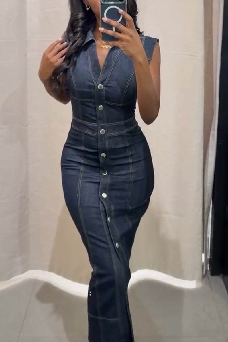 Women's Collar and Buckle Splicing Elegant Casual Denim Dress