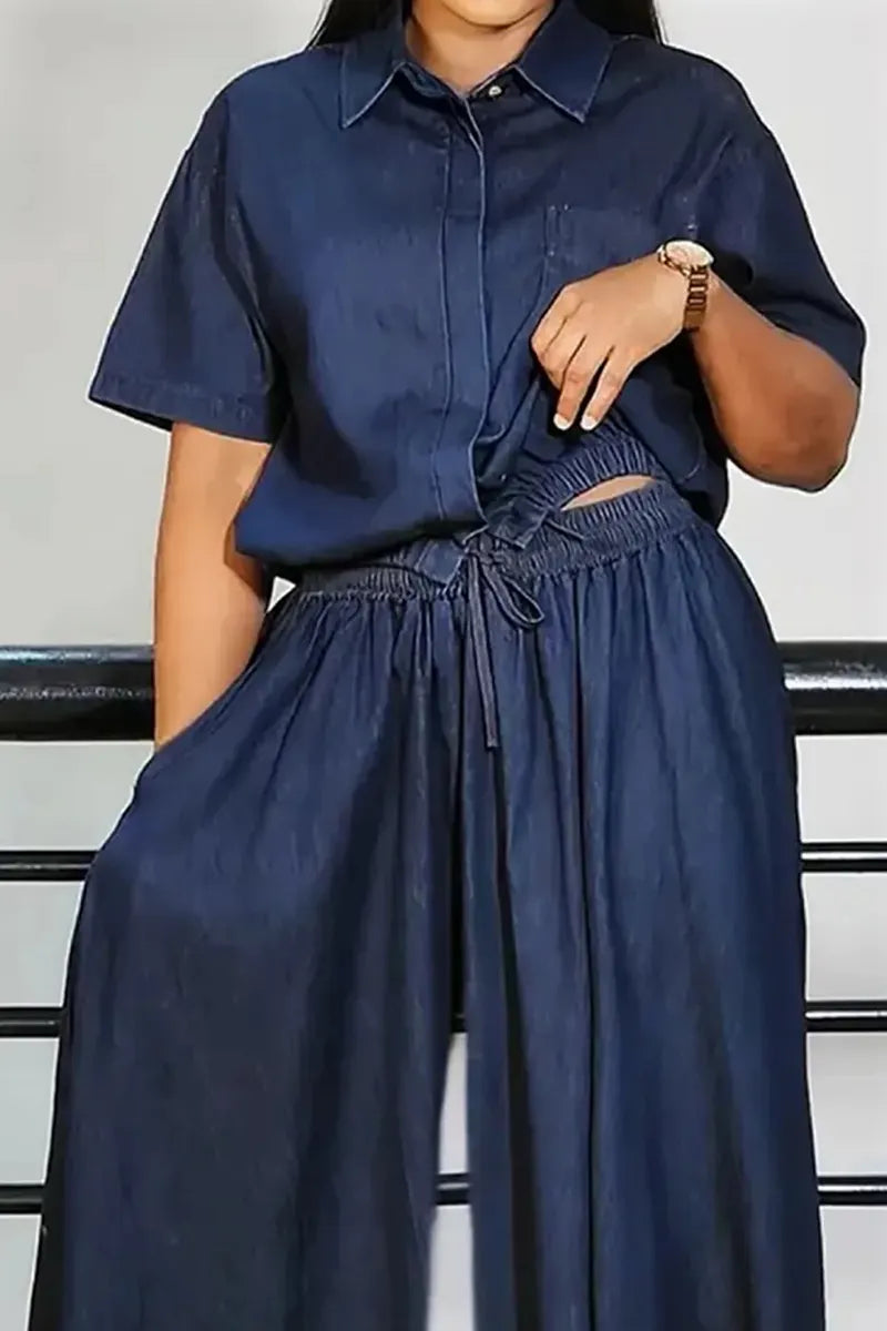 Women's Casual Loose Fit Denim Top& Casual Wide Leg Jeans