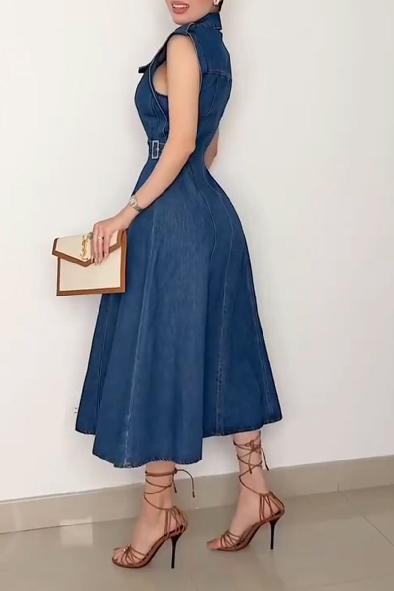 Women's Elegant Wide-Shoulder Adjustable Waist Denim Dress