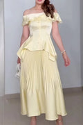 Women's Off Shoulder Waist Top+ Pleated Half Skirt Elegant Temperament Set