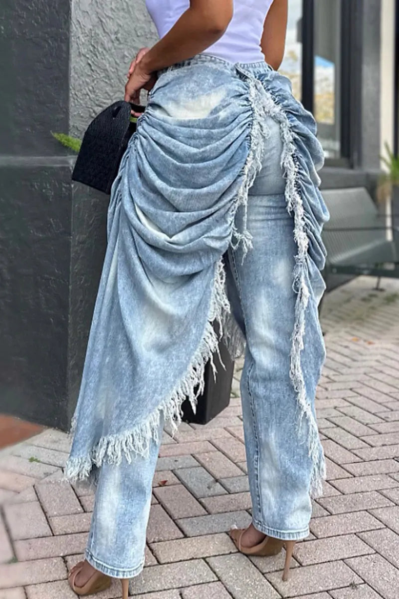 Women's Designer Double Layer Pleated Jeans