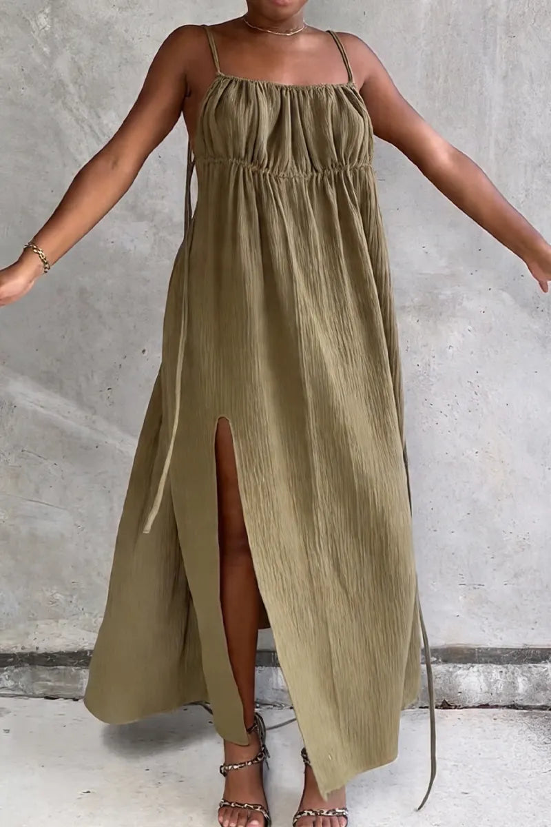 Women's Resort Drawstring Pleated Open Back Dress