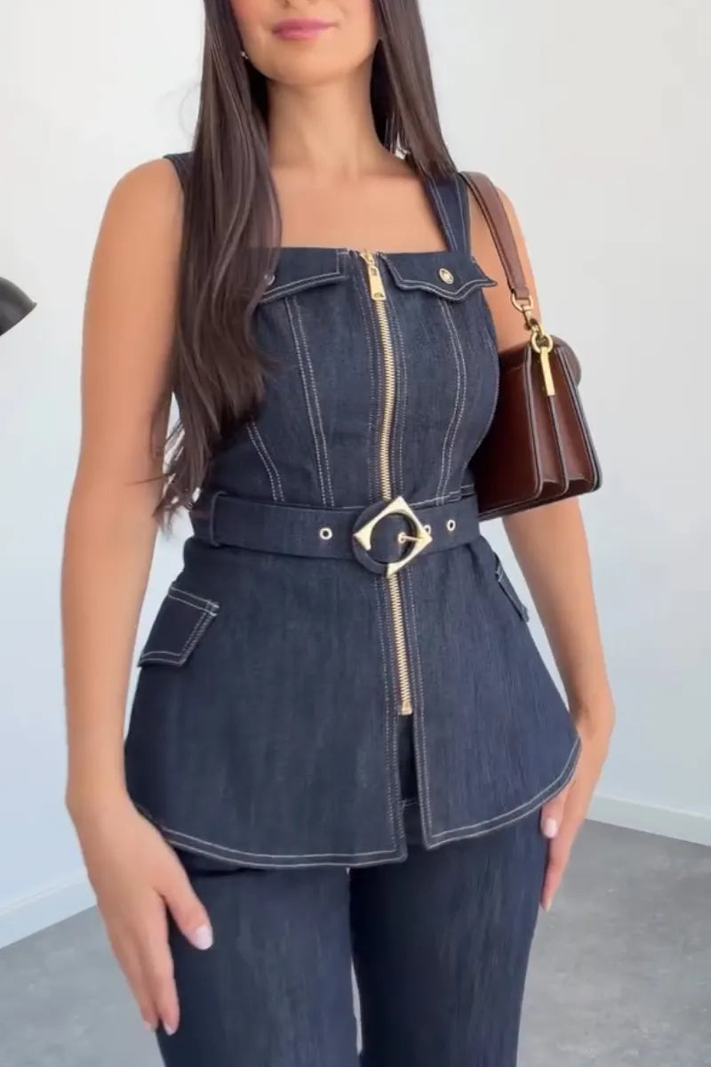Women's Square Collar Zipper Spliced Denim Top or Jeans