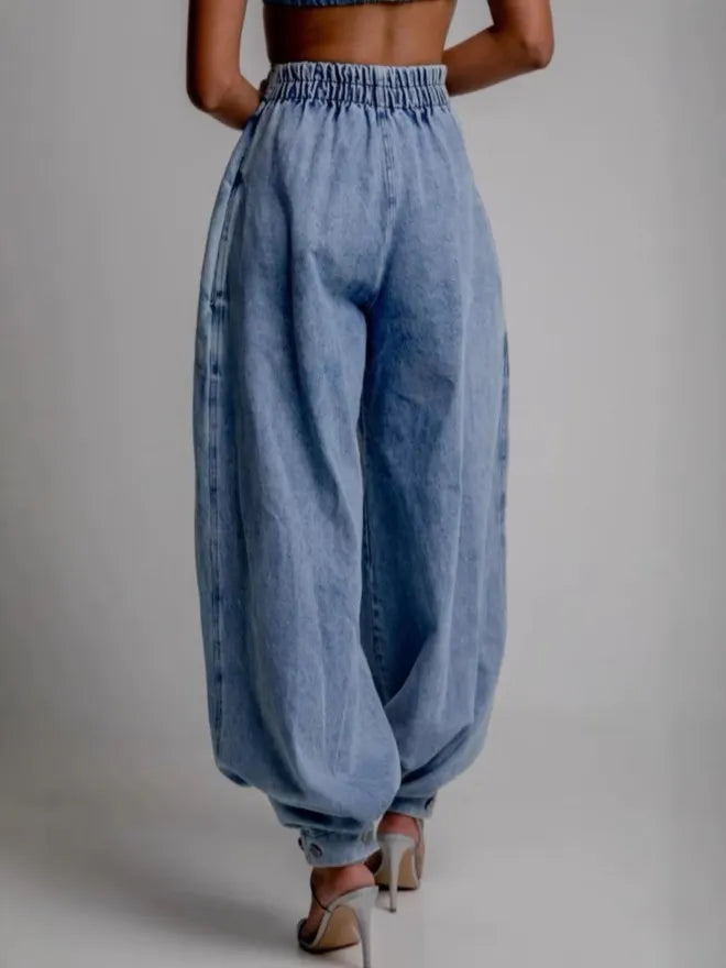 Fashion Stretch Drawstring Waist Loose Fit Jeans