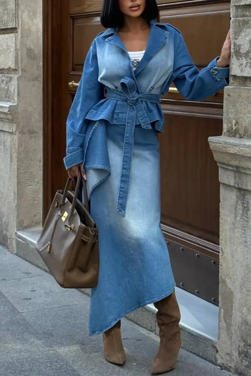 Women's Collar Washed Denim Jacket or Washed Irregular Denim Skirt