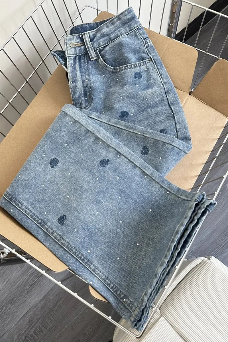 Women' s Vintage Blue Rose Embroidered Rhinestone Jeans