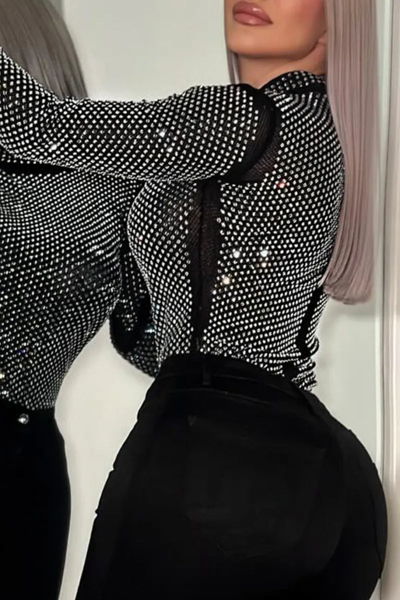 Dazzling Stretch Crystal Embellished Women's Long Sleeve Top