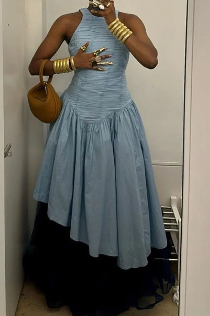 Women's Sleeveless Smocked Waist Two Layer Contrast Tulle Asymmetrical High Low Maxi Flare Skirt Dress
