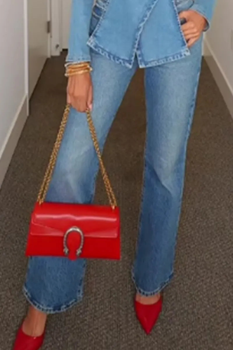 Women's Casual Beaded Short Denim Vest Top Or Beaded Wide Leg Jeans