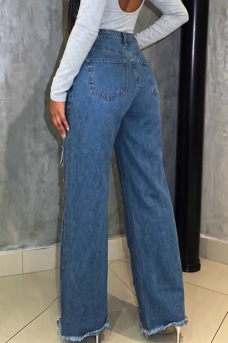 Women's Casual Wide Leg Jeans With Openwork And Frayed Edges