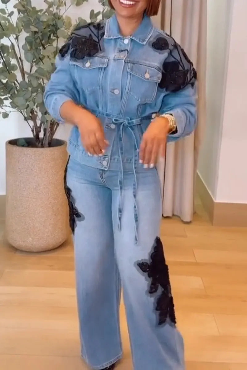 Women's Fashion Flower Patch Decoration Denim Jacket or Jeans