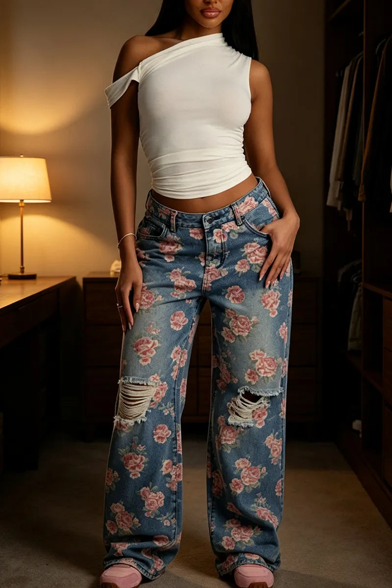 Women's Washed Water Hole Rose Print Casual Wide Leg Jeans