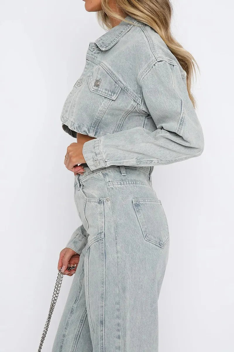 Women's Best-Selling Casual Cropped Denim Jacket& Wide Leg Jeans