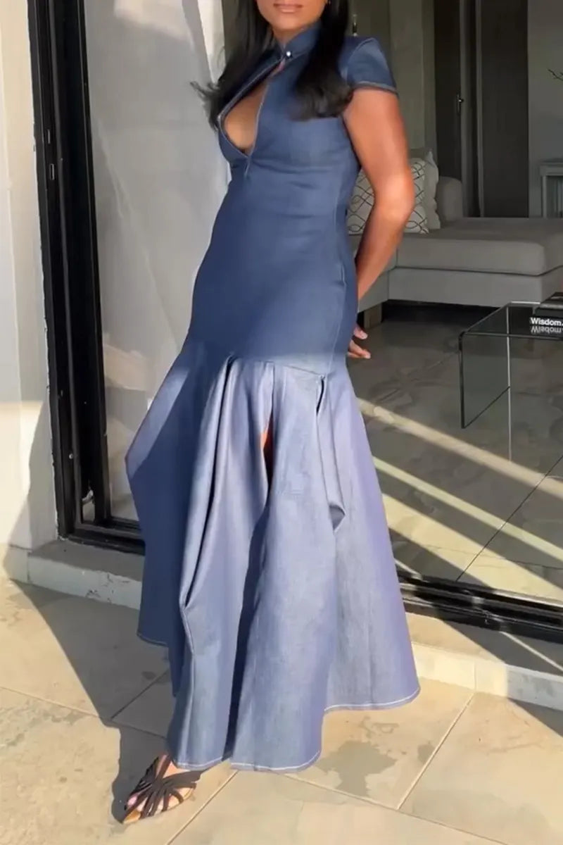 Women's Round Neck Hollow Waist with Elegant Slit Casual Denim Dress
