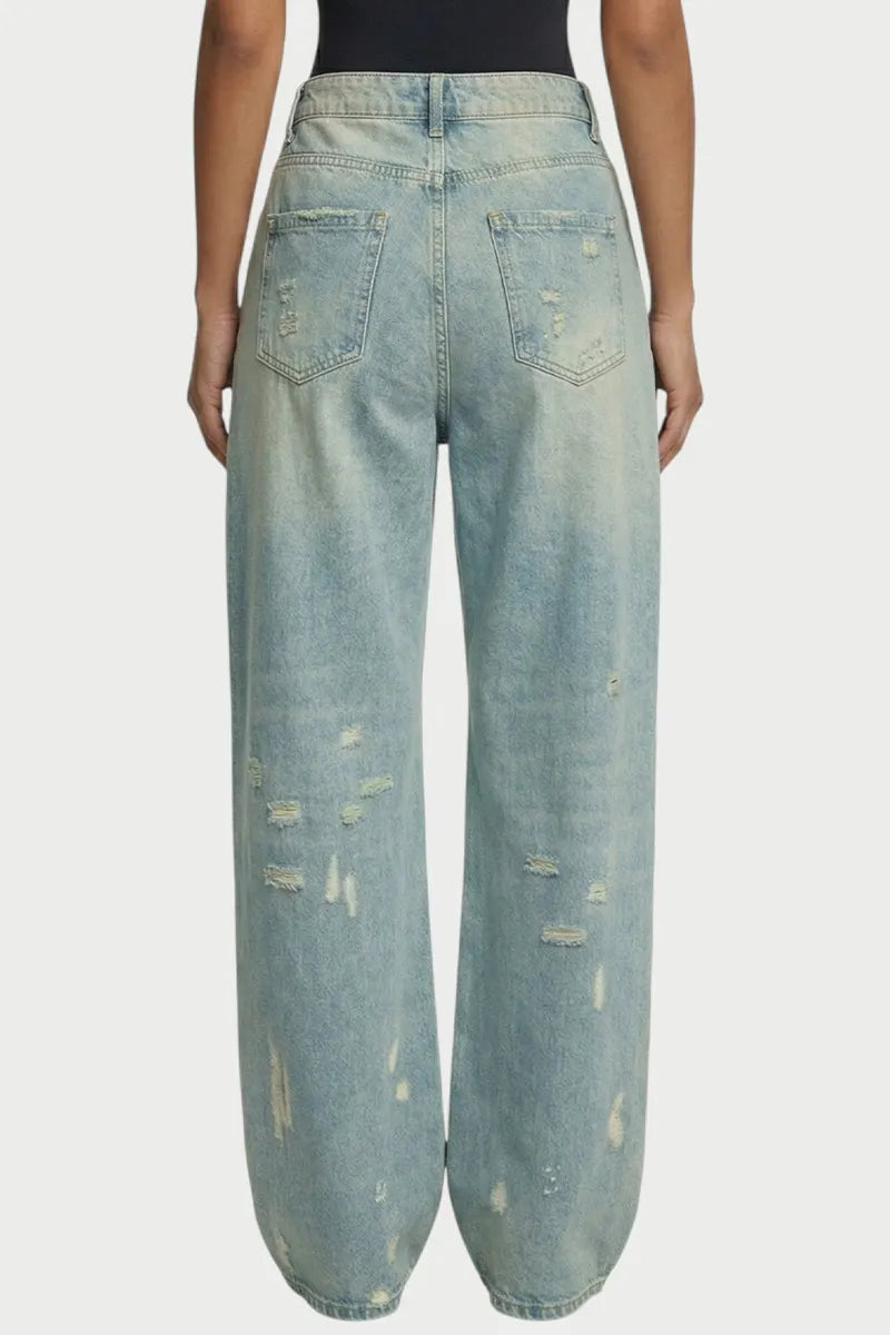 Women 100 Dollar Bill Print Splash Ink Vintage Wide Leg Denim Jeans