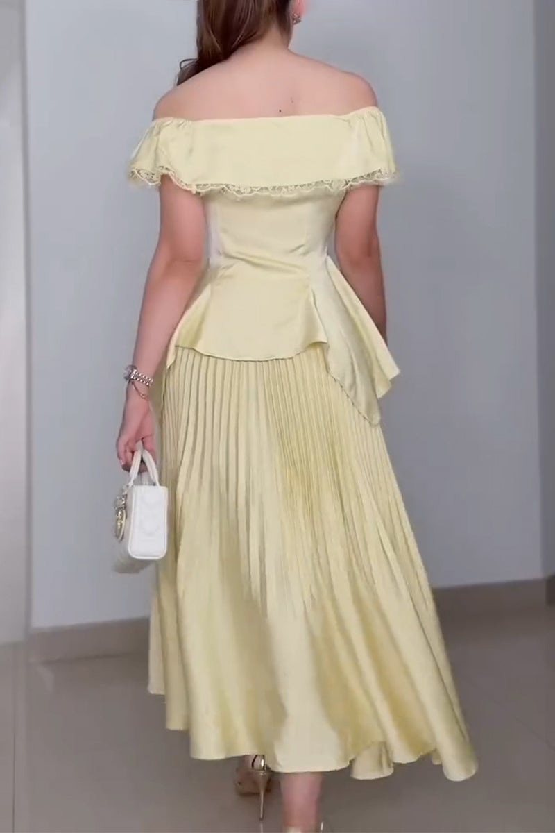 Women's Off Shoulder Waist Top+ Pleated Half Skirt Elegant Temperament Set