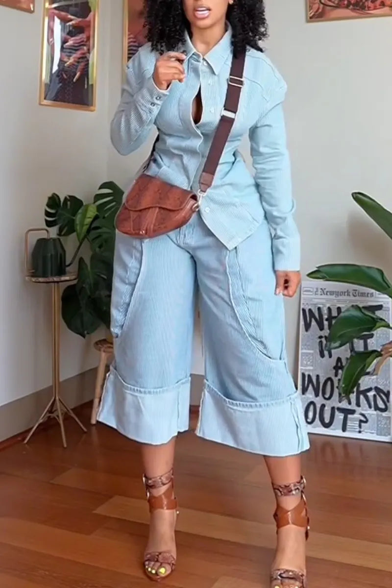 Women's Collar Vertical Striped Denim Shirt or Patchwork Jeans