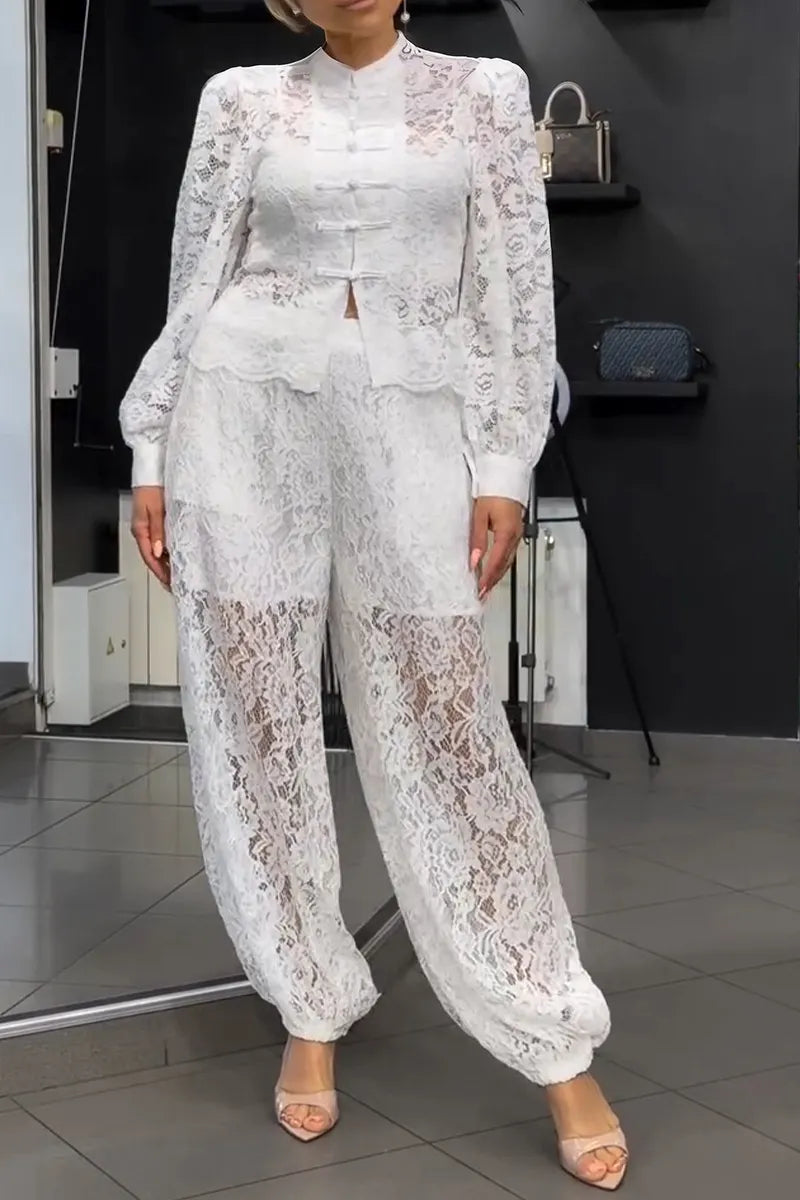 Women's Elegant Button Decoration Lace Shirt or Pants
