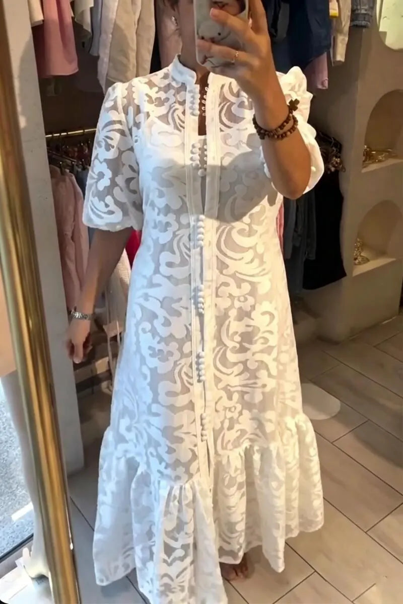 Women Round Neck Printed Patchwork Buckle Elegant Temperament Dress