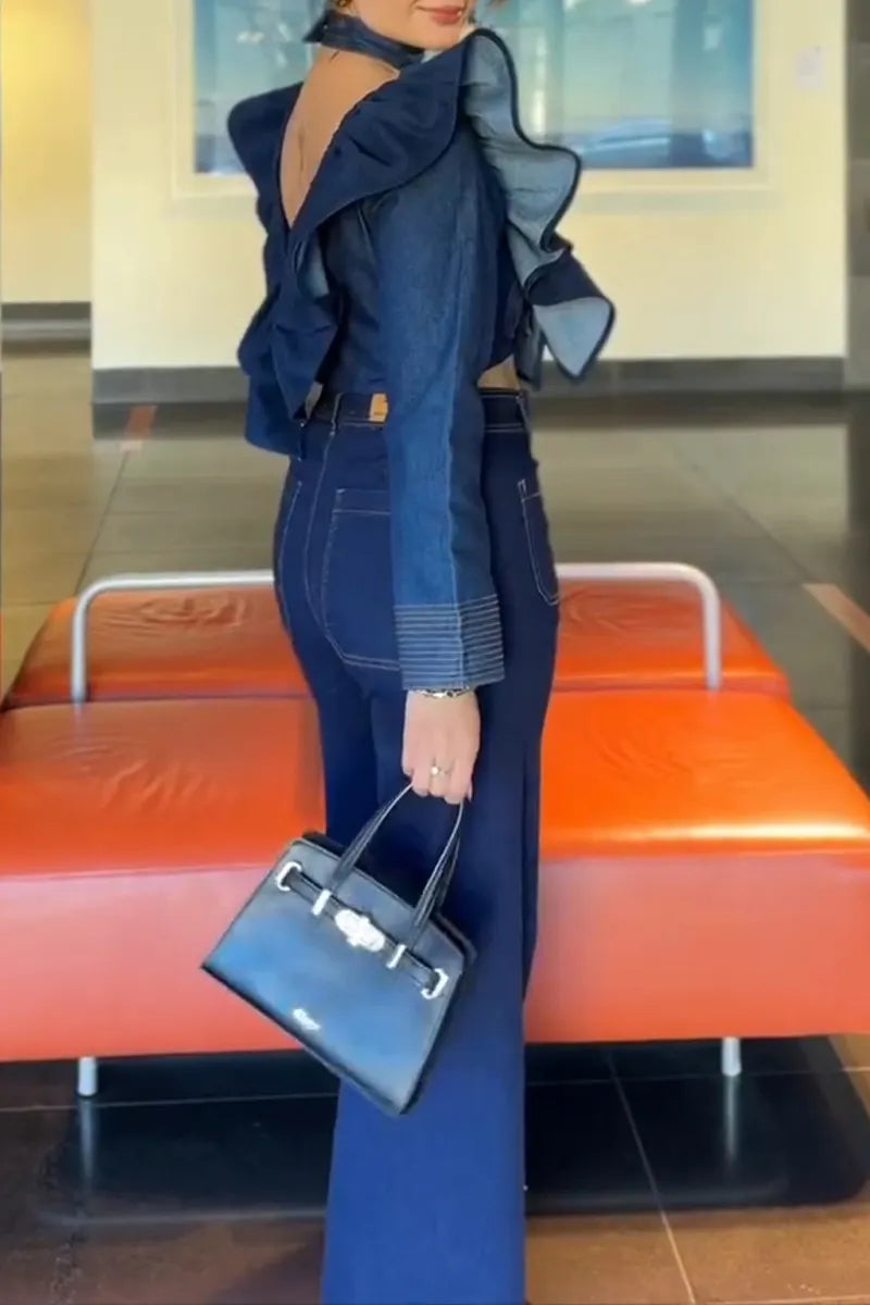 Women's Fashion Oversized Flounce Denim Top or Wide Leg Jeans