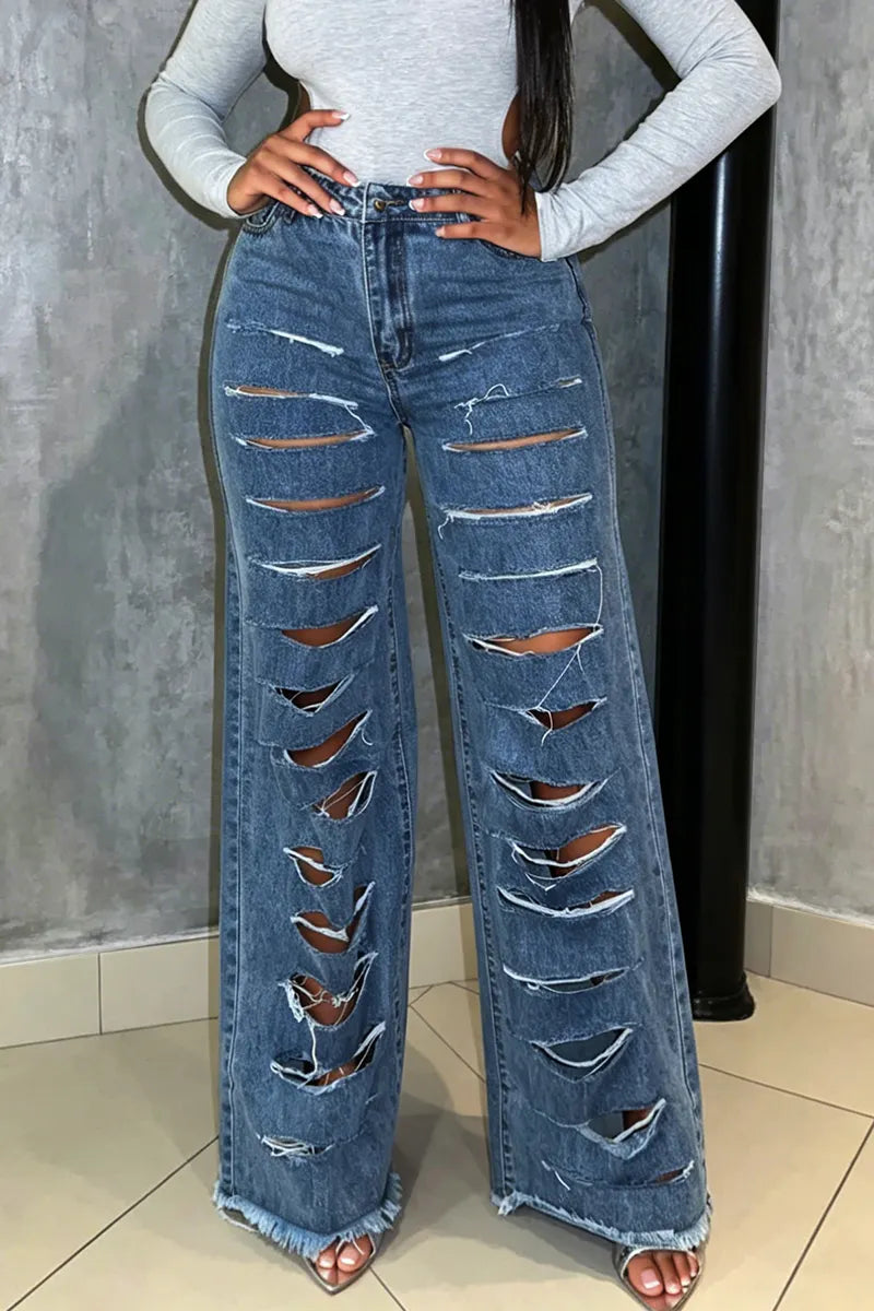 Women's Casual Wide Leg Jeans With Openwork And Frayed Edges