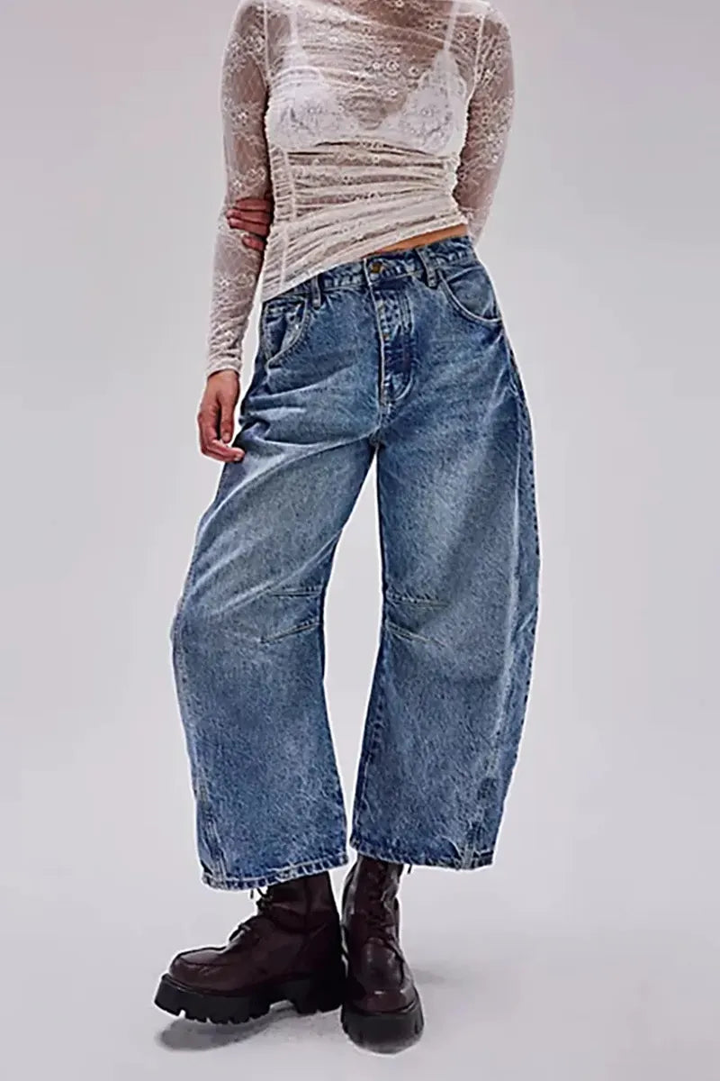 Casual Low Rise Wide Leg Relaxed Wash Jeans