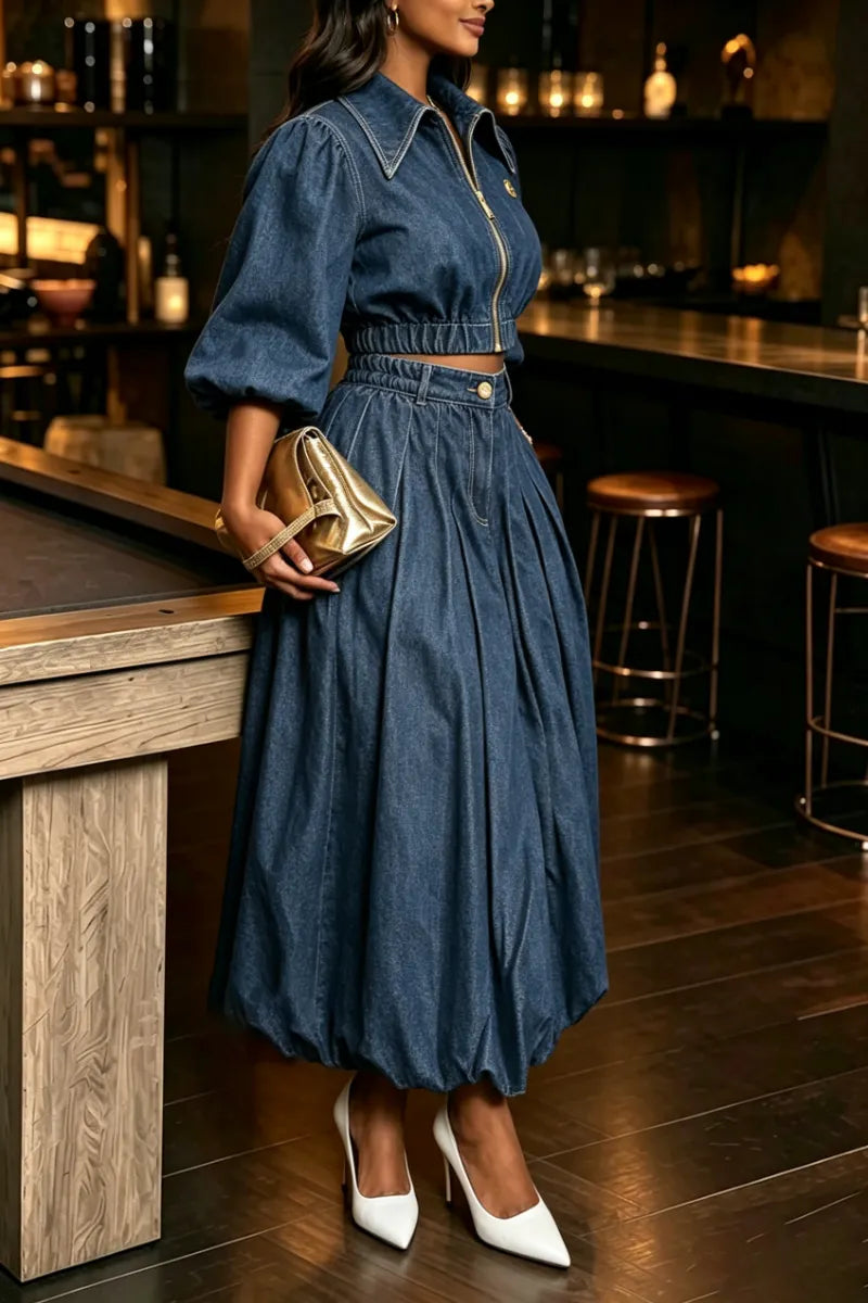 Women's Casual Collar Denim Short Jacket or Denim Half Skirt