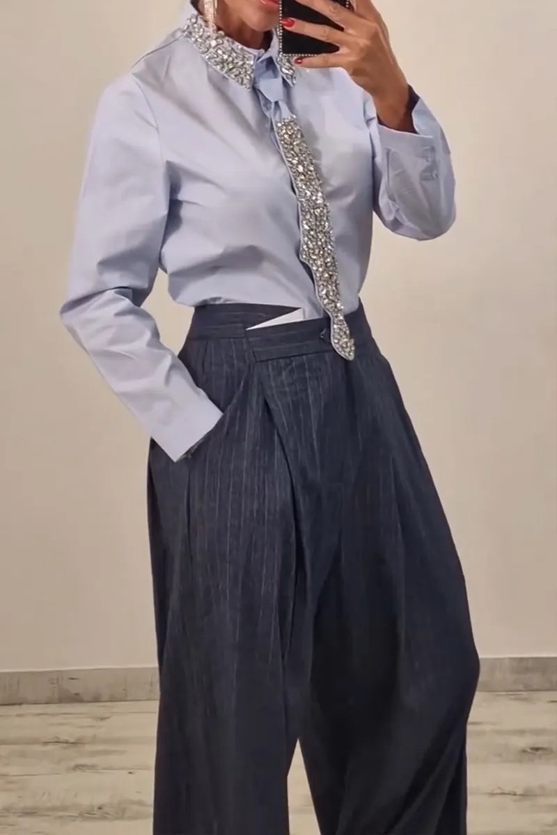 Women's Fashion Rhinestone Neckline Shirt with Belt or Stripe Suit Pants