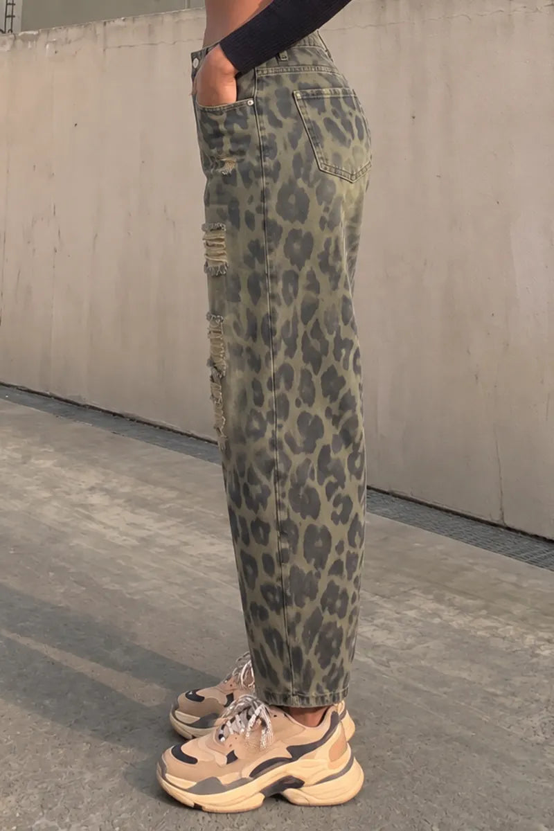 Women's Vintage Washed Leopard Print Ripped Jeans High Waisted Loose Baggy Denim Pants