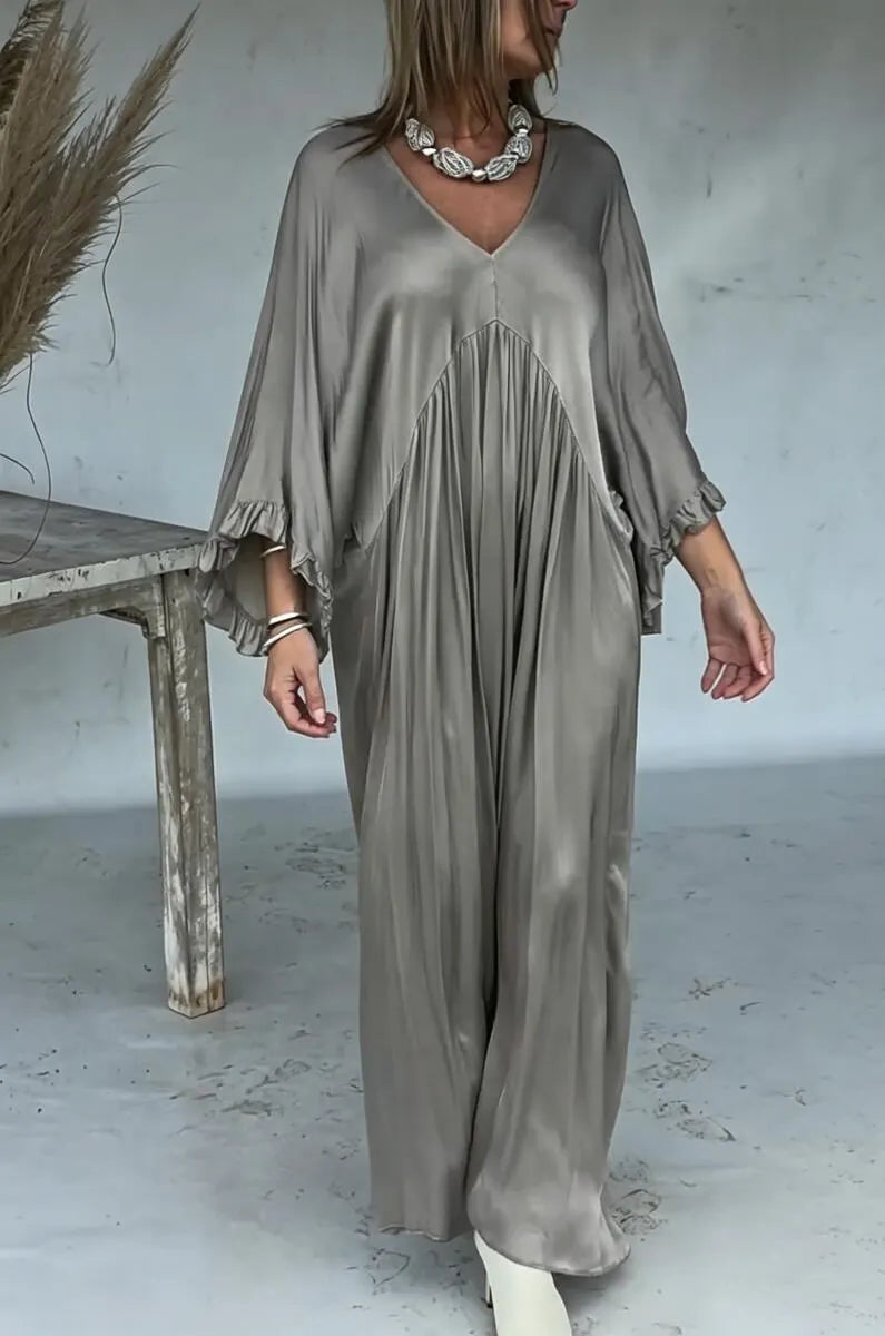 Women's V-neck Patchwork Solid Color Satin Elegant Casual Dress