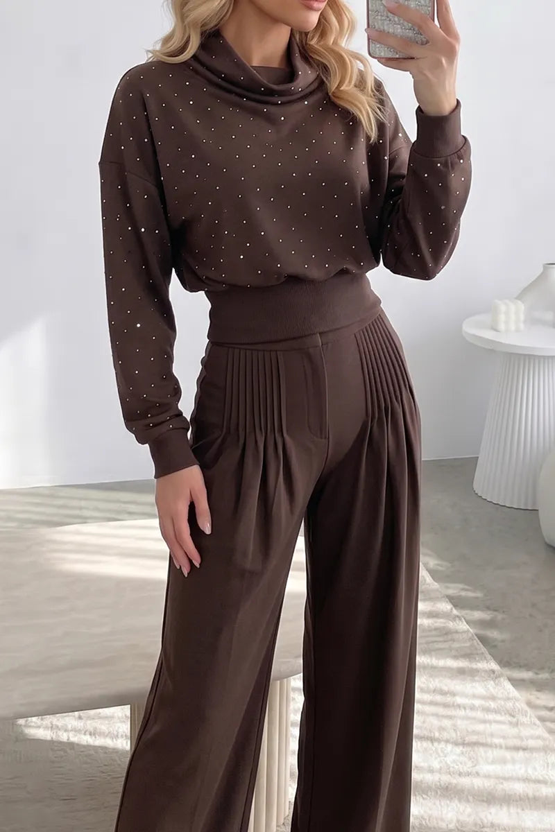 Women's 2-Piece Shimmer Outfit High Neck Long Sleeve Top and High-Waisted Flowy Palazzo Pant Set