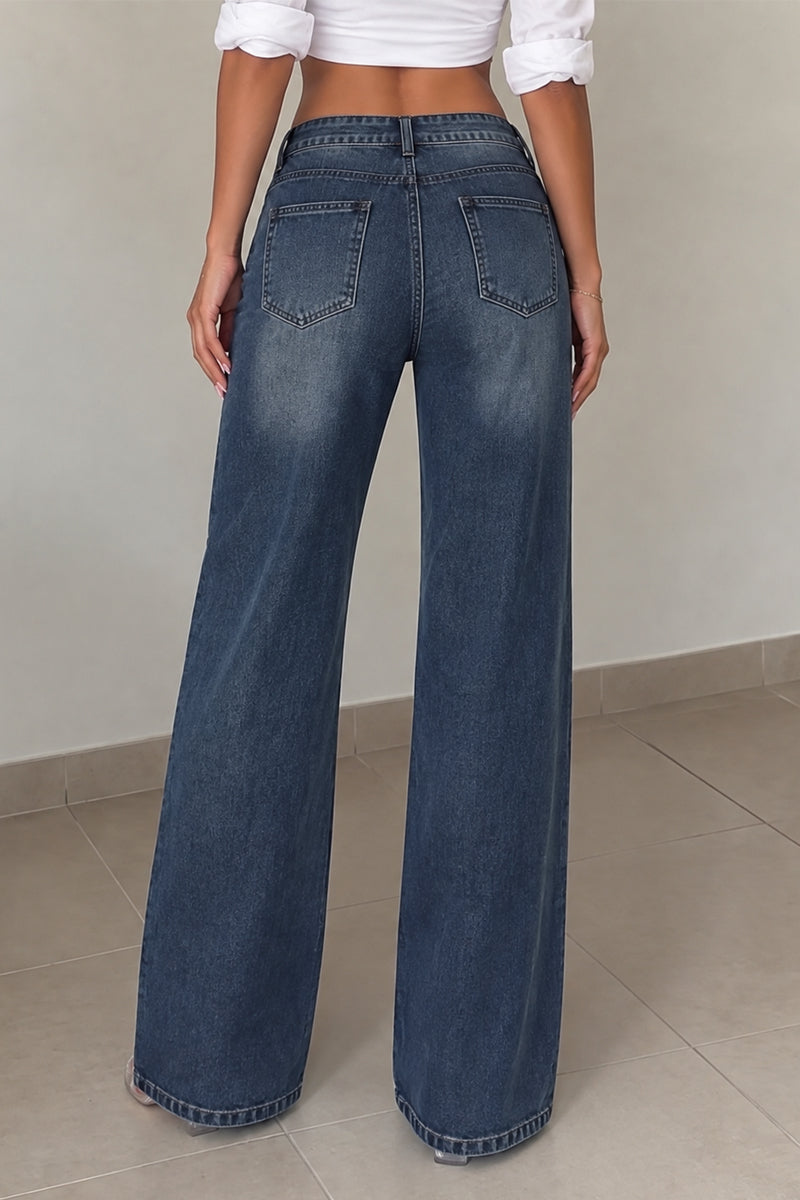 Women's Vintage High Waist Studded Trim Wide Leg Blue Jeans