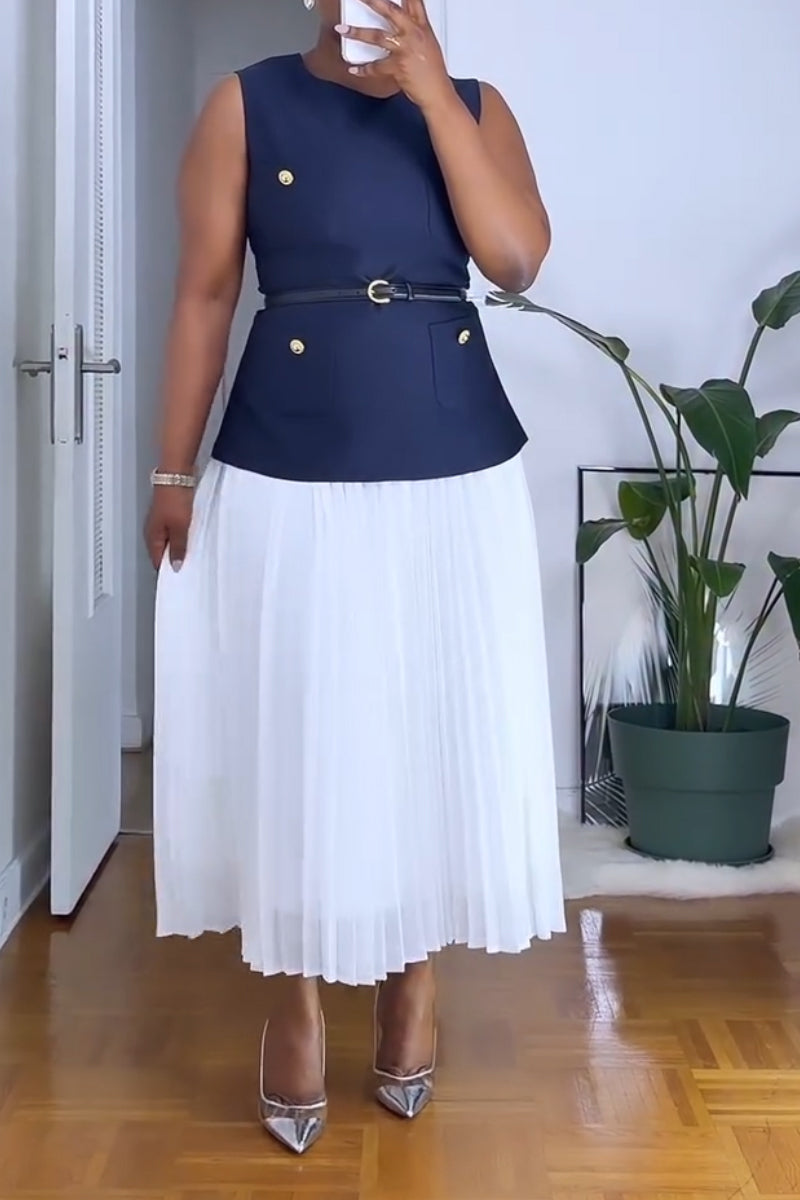 Women's Round Neck Sleeveless Top + Pleated Skirt Elegance Set