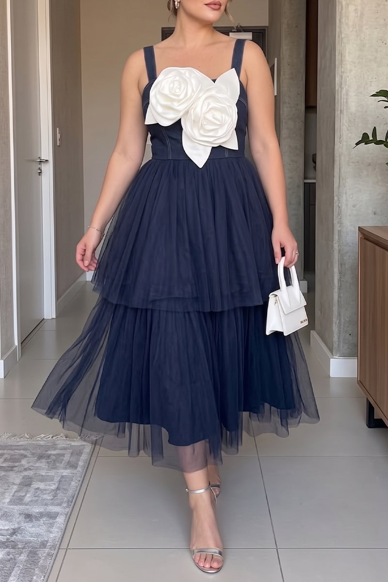 Women's Sweetheart Neck Tiered Tulle Midi Dress Sleeveless 3D Floral Applique Ruffle Hem A-Line Fairy Prom Cocktail Party Dress