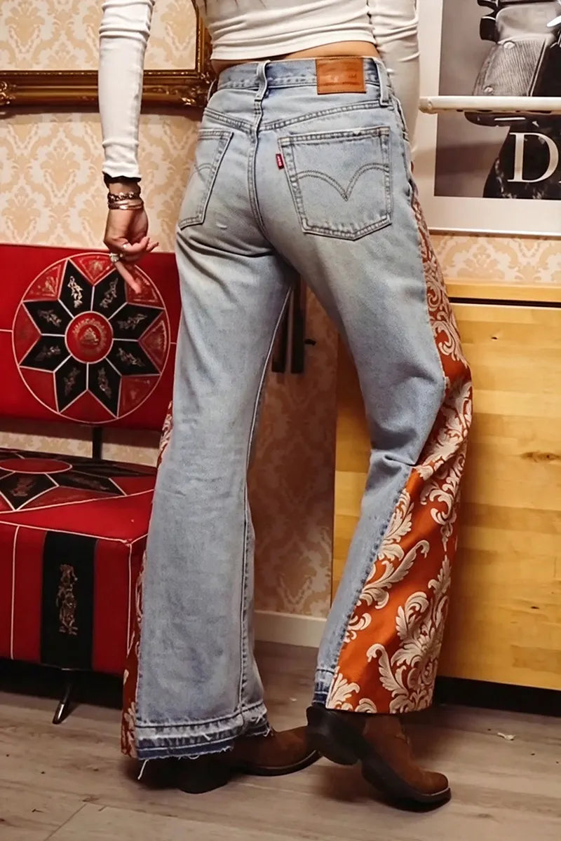 Women's Casual Side Pattern Patchwork Wide Leg Jeans