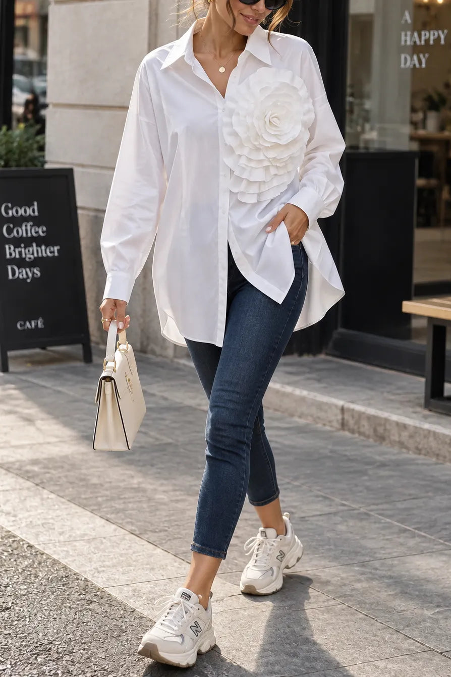 Women's Oversized White Button Down Shirt 3D Floral Applique Long Sleeve Collared Blouse Casual Chic Dressy Party Office Tops