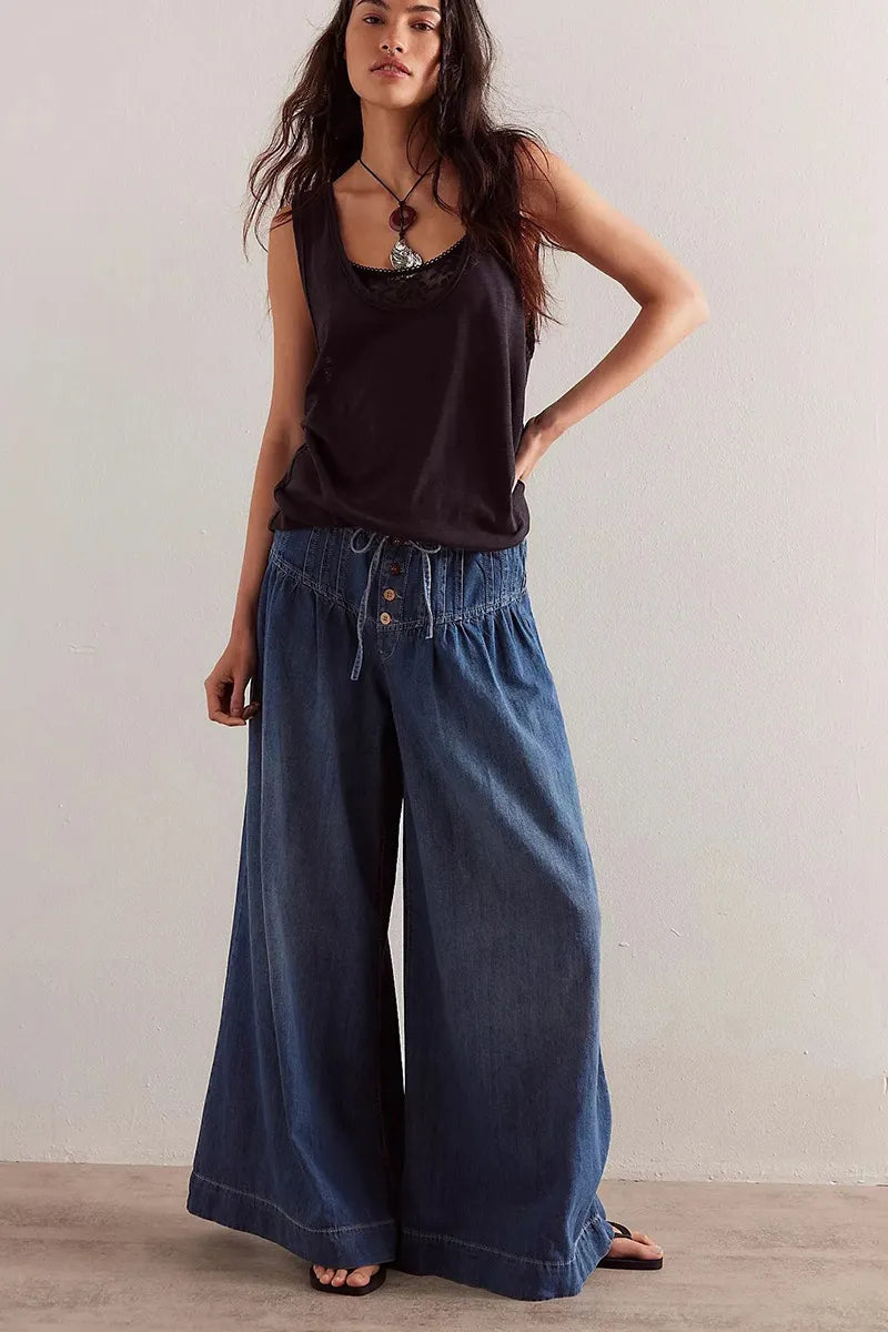 Casual Pleated Mid Rise Drawstring Relaxed Wide Leg Jeans