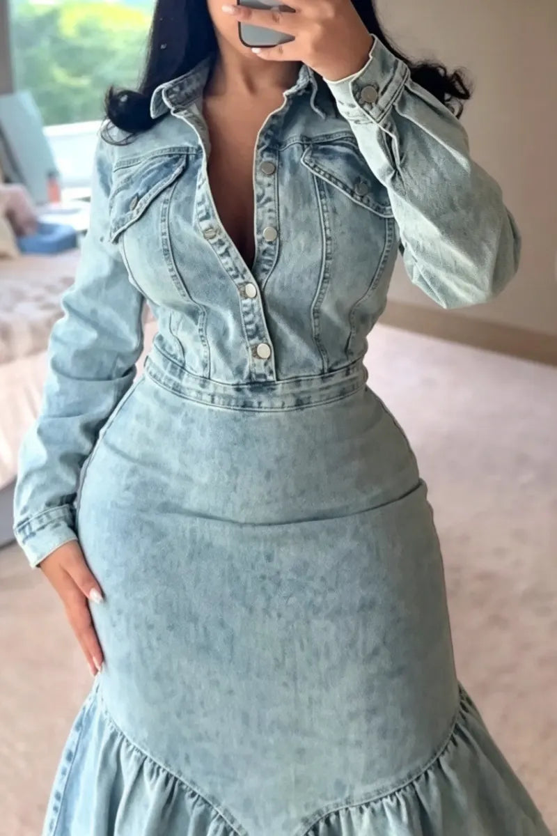 Women's Collar Wash Water Splicing Elegant Casual Denim Maxi Dresses