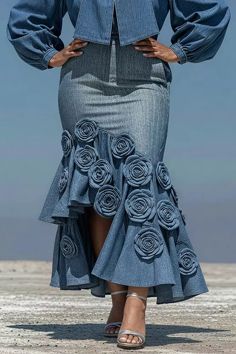 Women's Casual High Neck Oversized Bow Puff Long Sleeve Cropped Denim Blouse Or High Waist 3D Rose Floral Applique Side Slit Ruffle Mermaid Denim Skirt