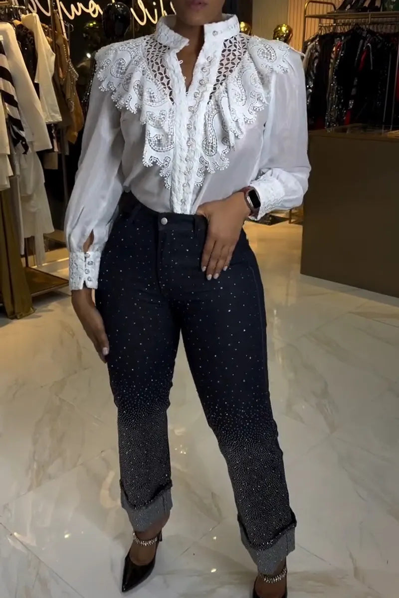 Women's Round Neck Patchwork Lace Ruffle Top or Rhinestone Casual Jeans